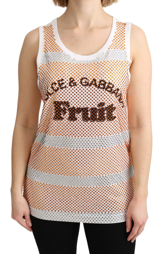 Dolce & Gabbana White Orange Crystal Sleeveless Tank Cotton Top Dolce & Gabbana