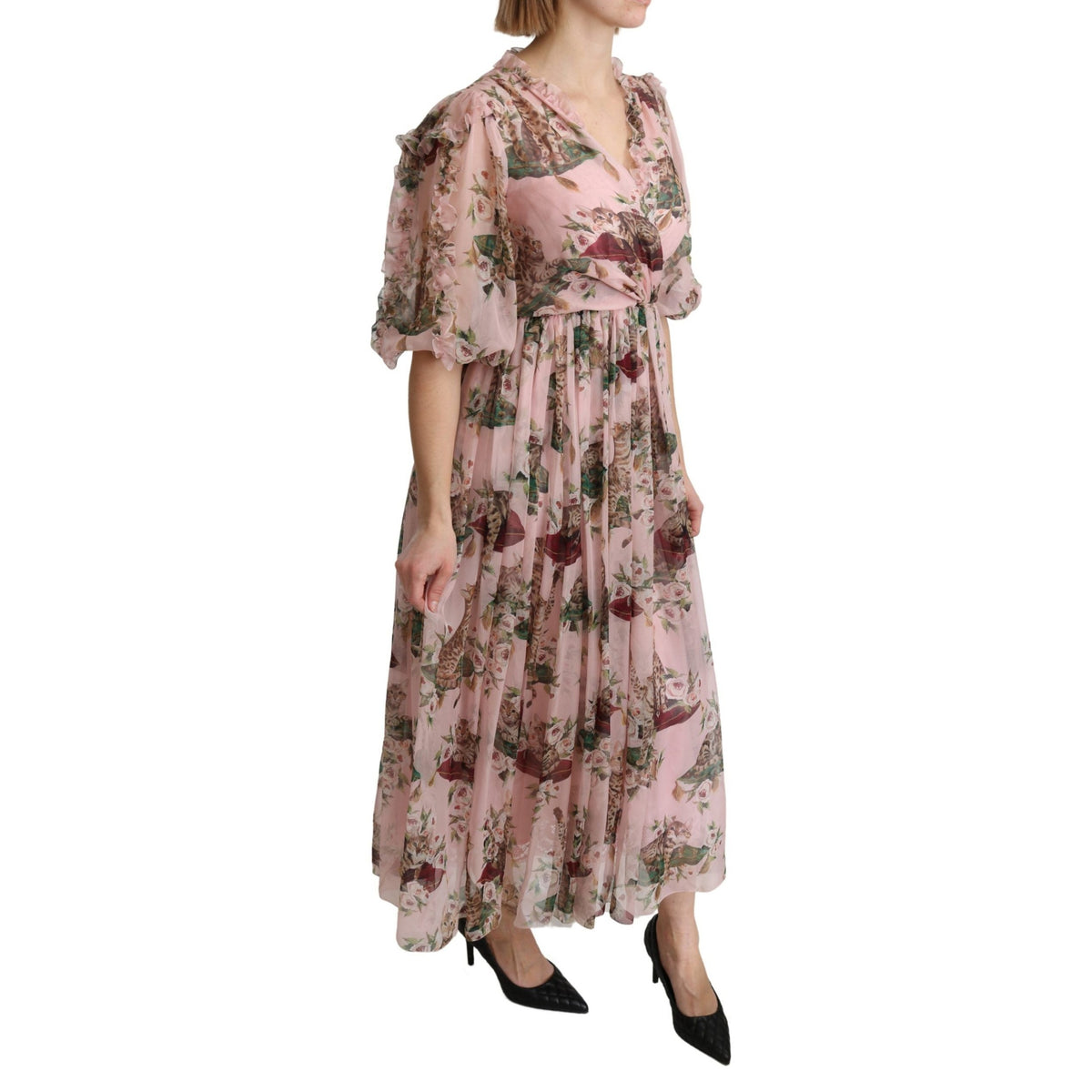 Dolce & Gabbana Pink Bengal Cat Print A-line Maxi Silk Dress