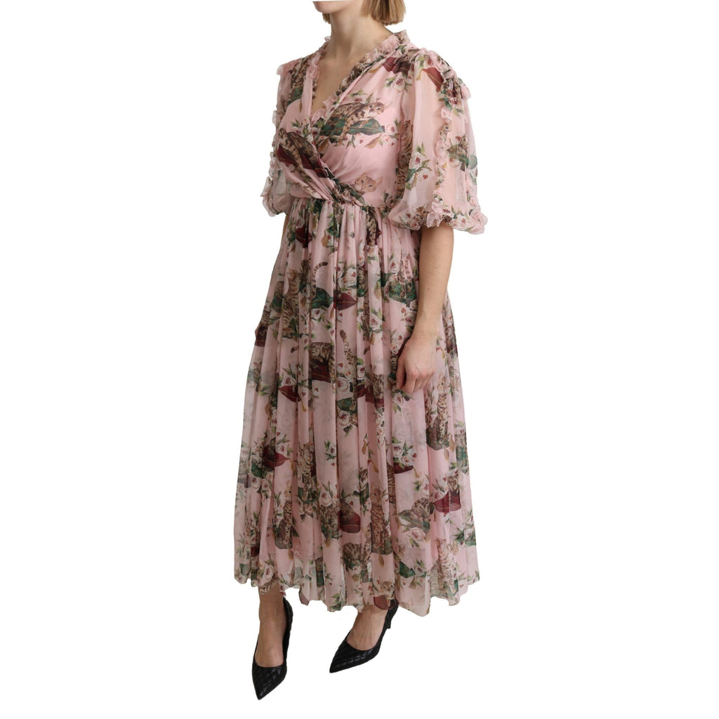 Dolce & Gabbana Pink Bengal Cat Print A-line Maxi Silk Dress