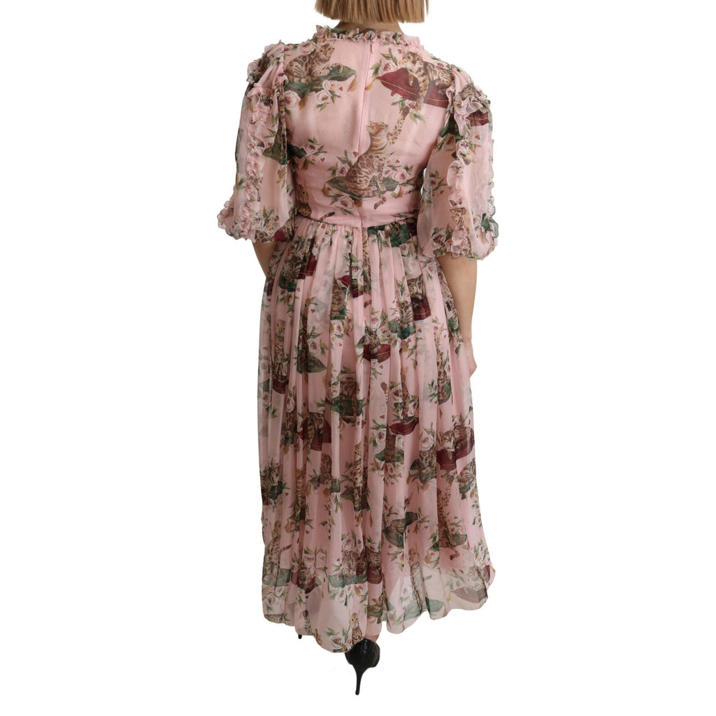Dolce & Gabbana Pink Bengal Cat Print A-line Maxi Silk Dress