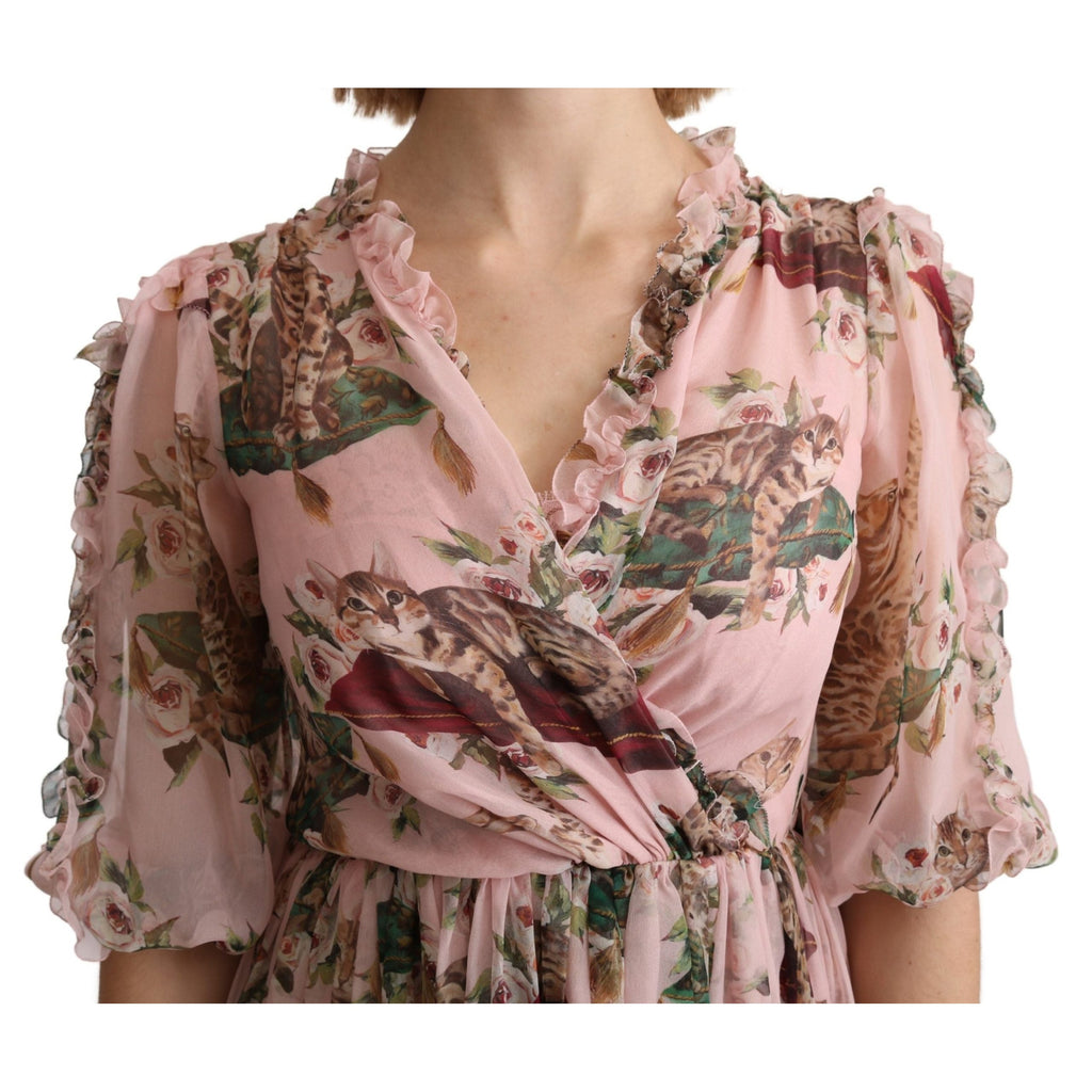 Dolce & Gabbana Pink Bengal Cat Print A-line Maxi Silk Dress