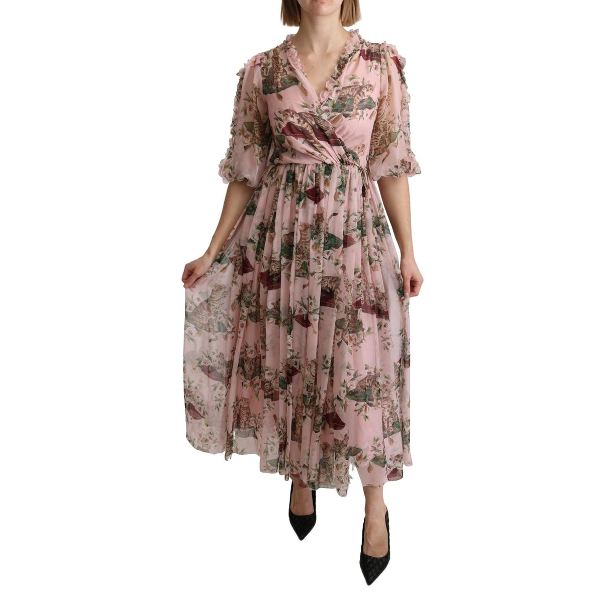 Dolce & Gabbana Pink Bengal Cat Print A-line Maxi Silk Dress