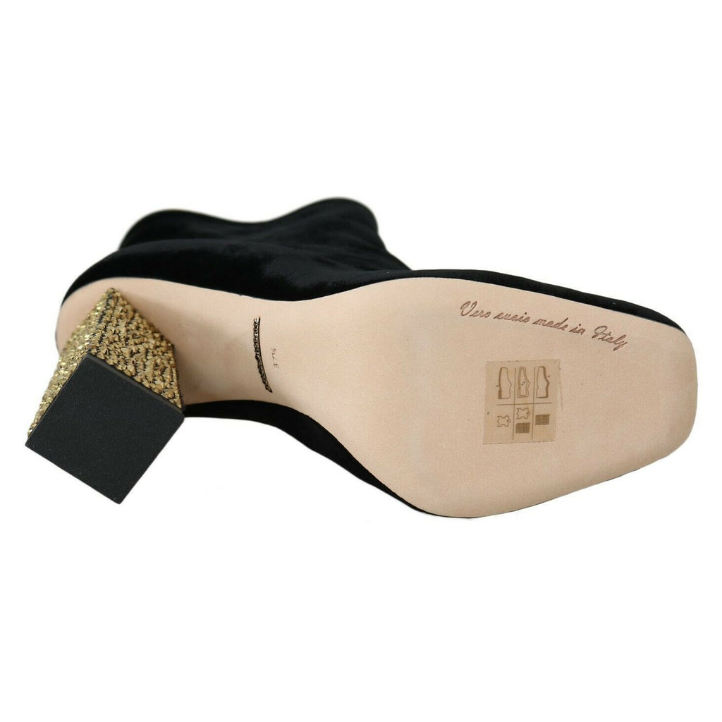 Dolce & Gabbana Black Velvet Crystal Square Heels Shoes