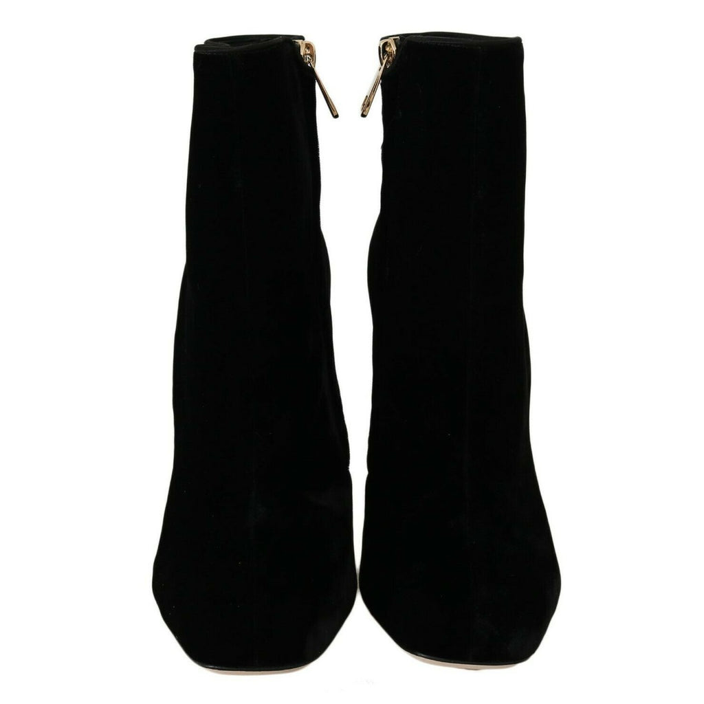 Dolce & Gabbana Black Velvet Crystal Square Heels Shoes
