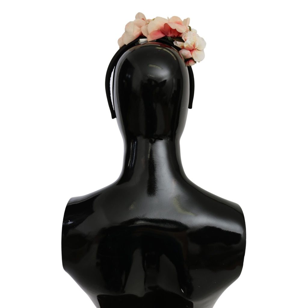 Dolce & Gabbana Pink Silk Black Floral Headband Logo Diadem