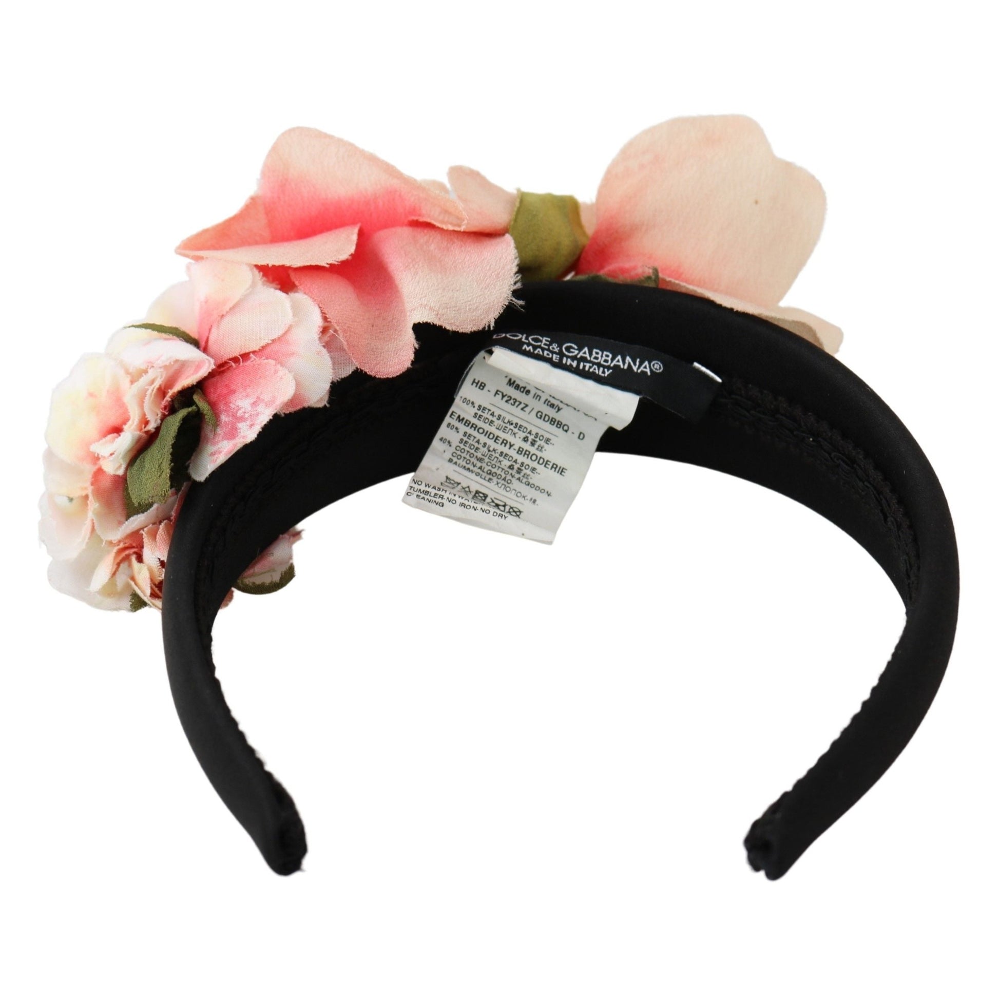 Dolce & Gabbana Pink Silk Black Floral Headband Logo Diadem