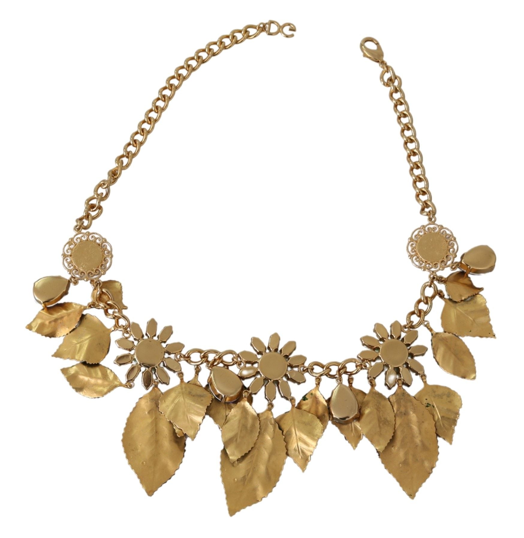 Dolce & Gabbana Green Leaves Gold Brass Crystal Flower Pendant Necklace Dolce & Gabbana