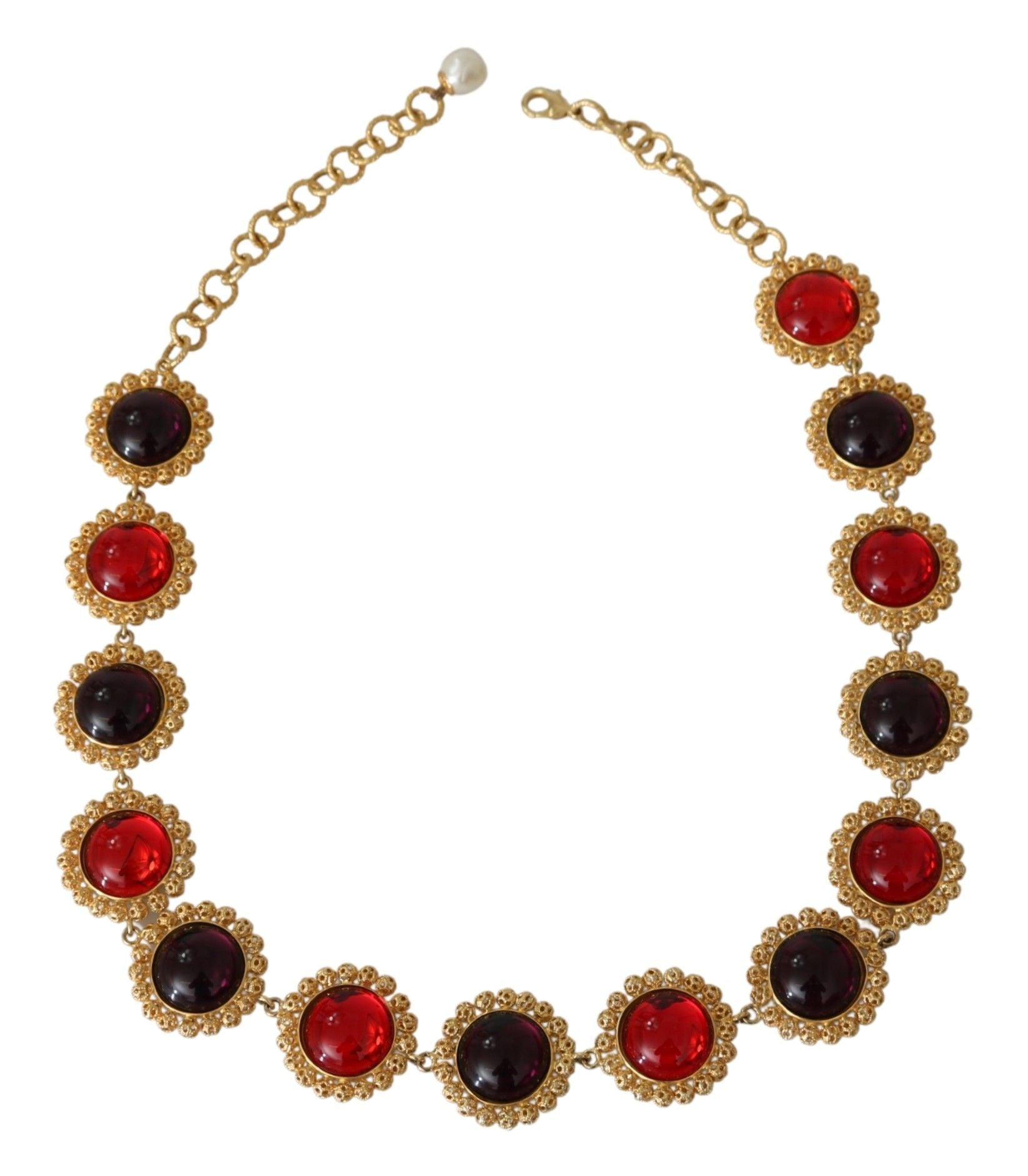 Dolce & Gabbana Red Purple Crystal Floral Chain Statement Gold Brass Necklace Dolce & Gabbana