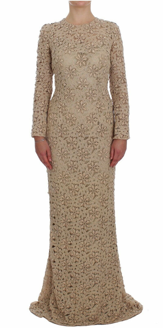 Dolce & Gabbana Beige Floral Lace Sheath Maxi Dress Dolce & Gabbana