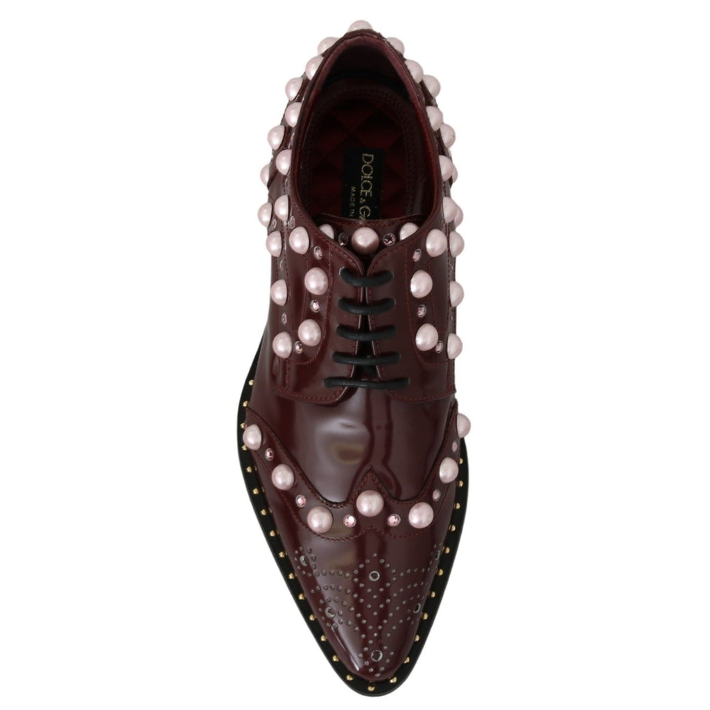 Dolce & Gabbana Bordeaux Leather Crystal Pearls Formal Shoes