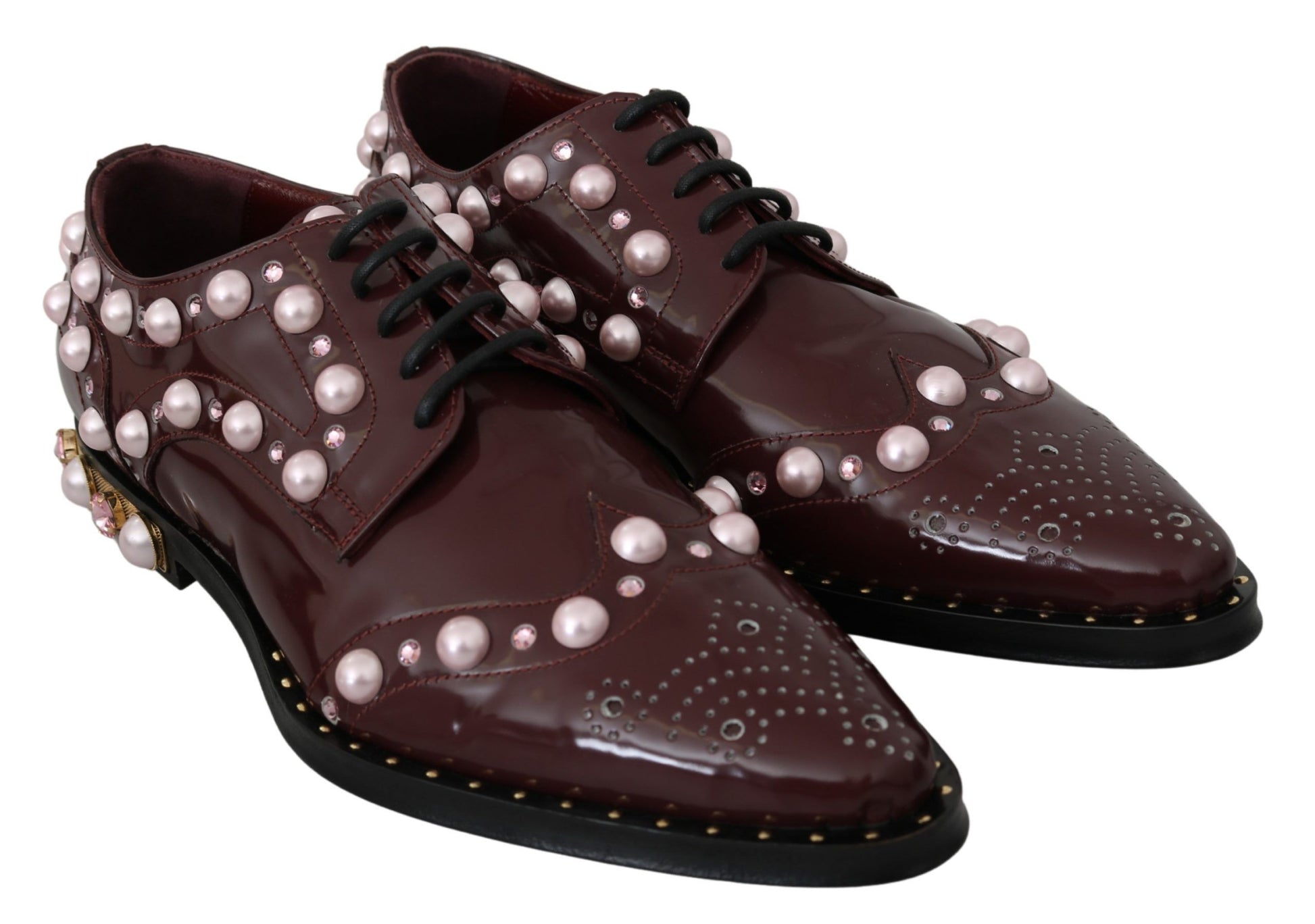 Dolce & Gabbana Bordeaux Leather Crystal Pearls Formal Shoes Dolce & Gabbana