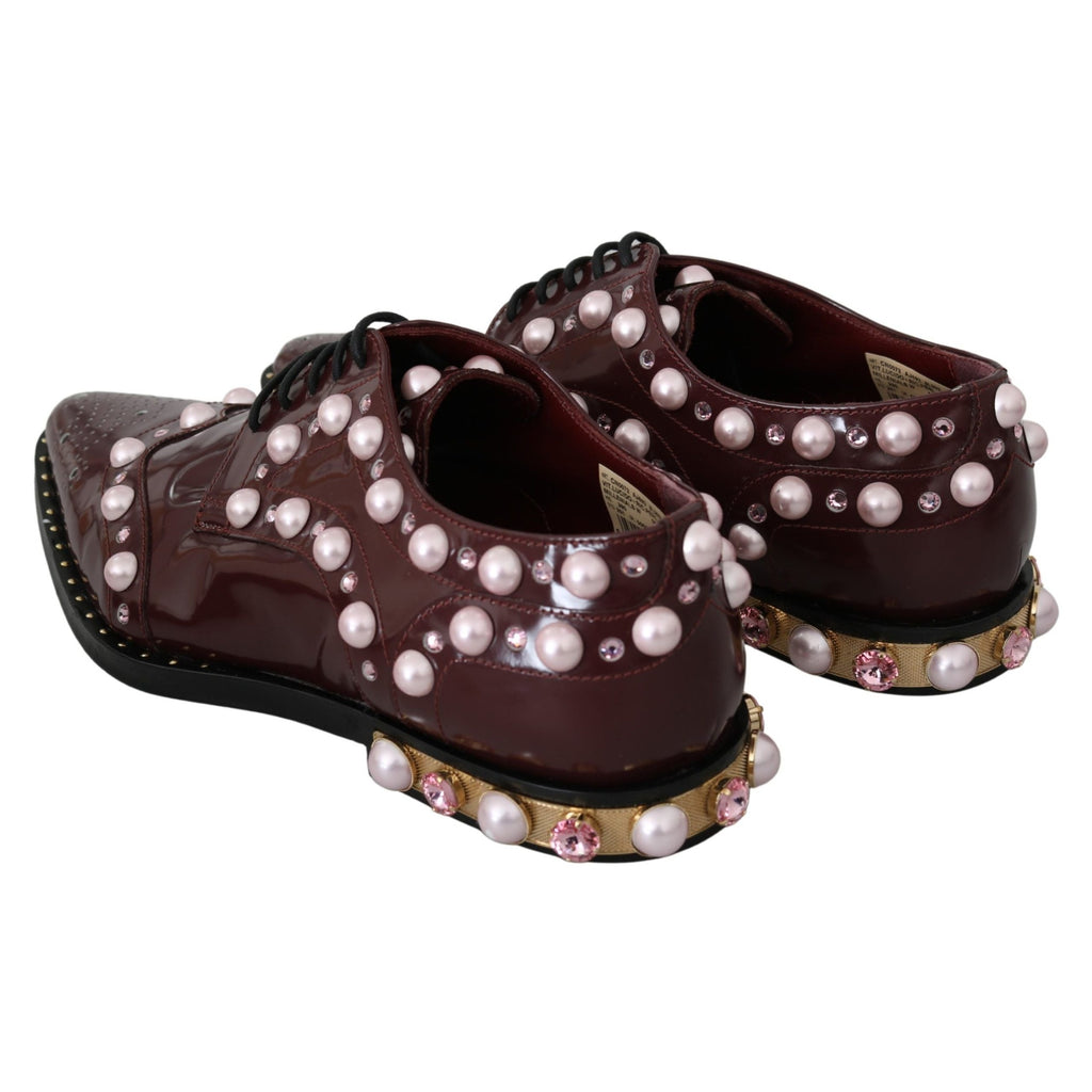 Dolce & Gabbana Bordeaux Leather Crystal Pearls Formal Shoes