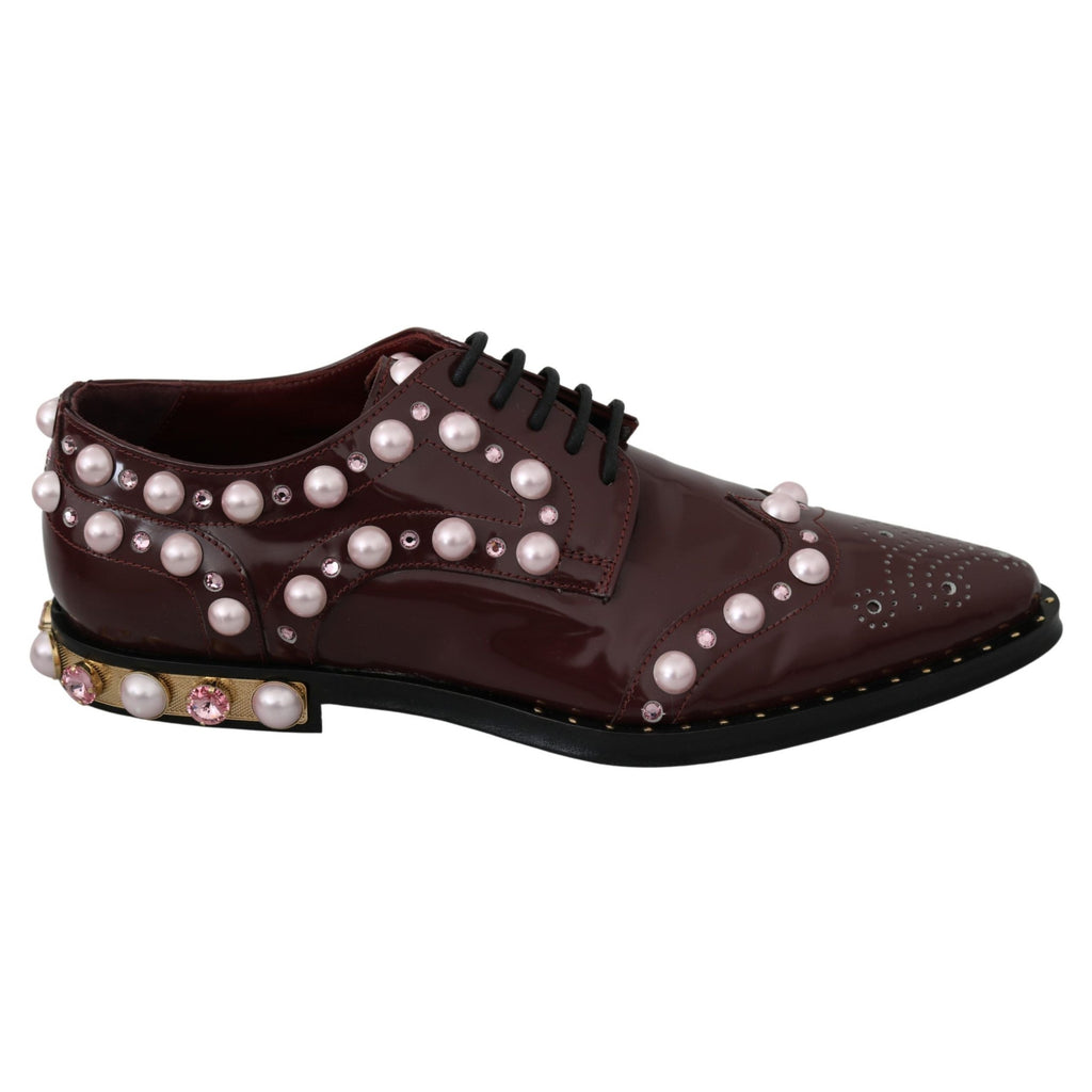 Dolce & Gabbana Bordeaux Leather Crystal Pearls Formal Shoes
