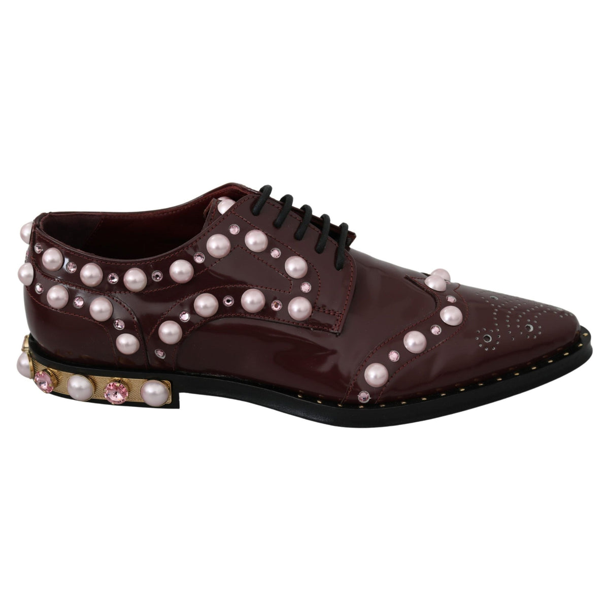 Dolce & Gabbana Bordeaux Leather Crystal Pearls Formal Shoes