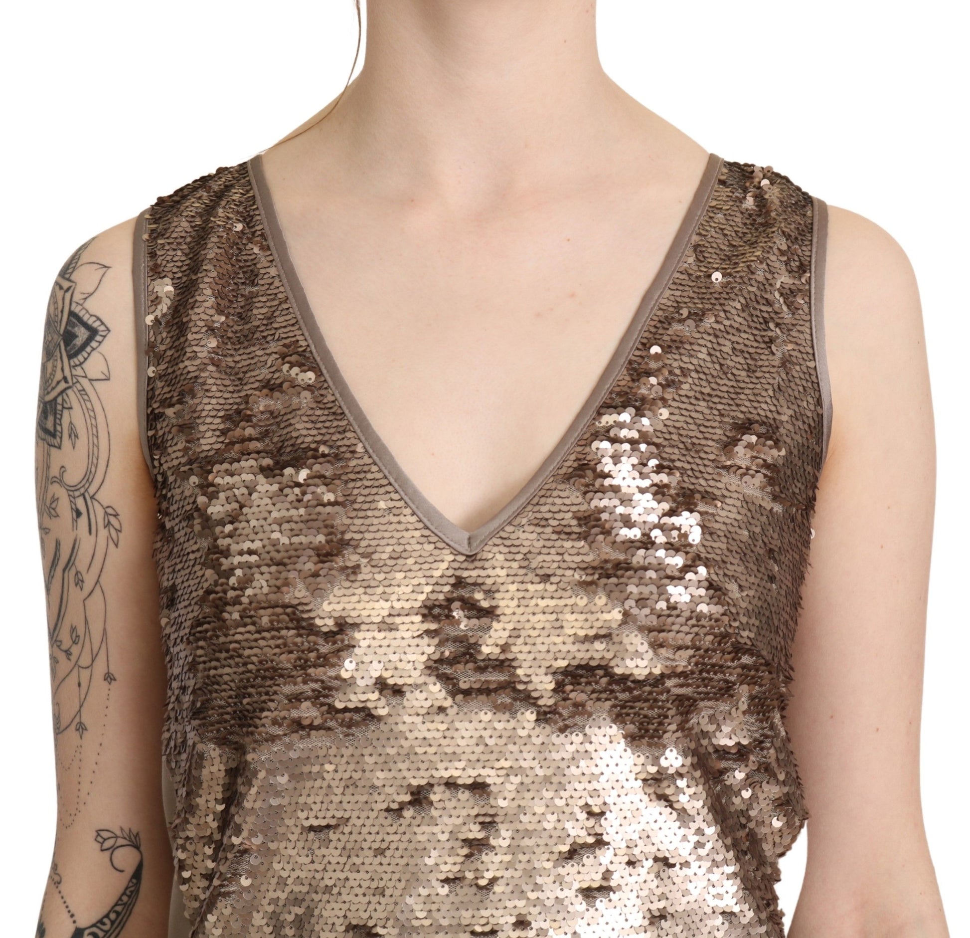Liu Jo Brown Sequined V-neck Sleeveless Sheath Mini Dress Liu Jo