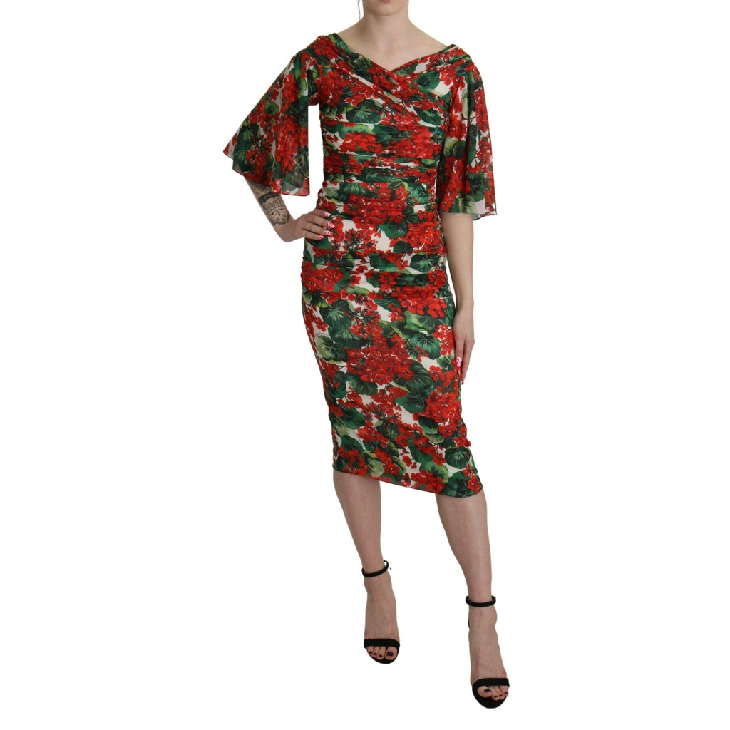 Dolce & Gabbana Red Floral Sheath Midi Silk Stretch Dress