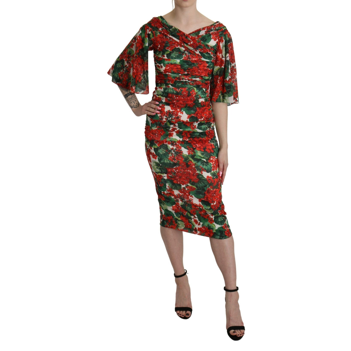 Dolce & Gabbana Red Floral Sheath Midi Silk Stretch Dress