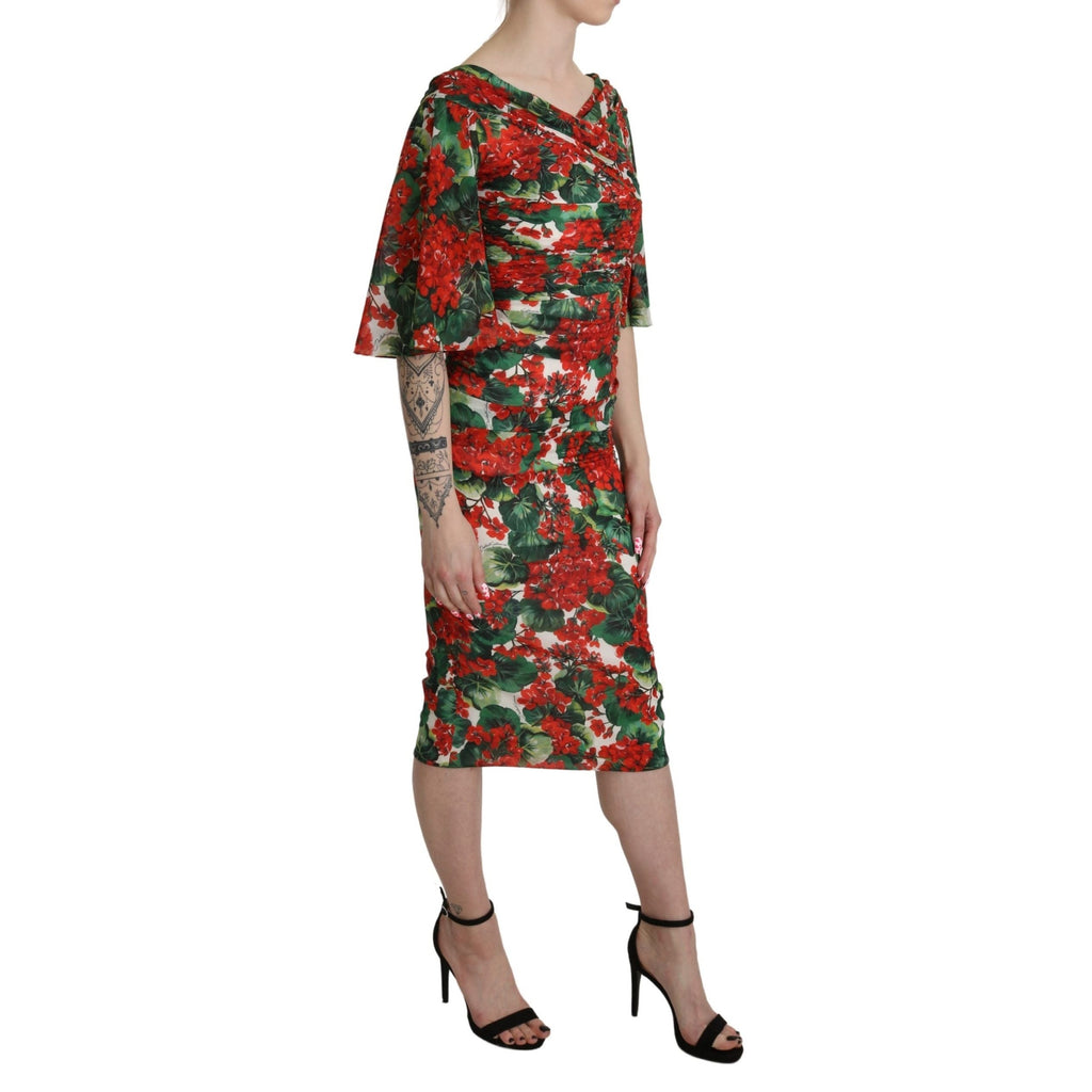 Dolce & Gabbana Red Floral Sheath Midi Silk Stretch Dress
