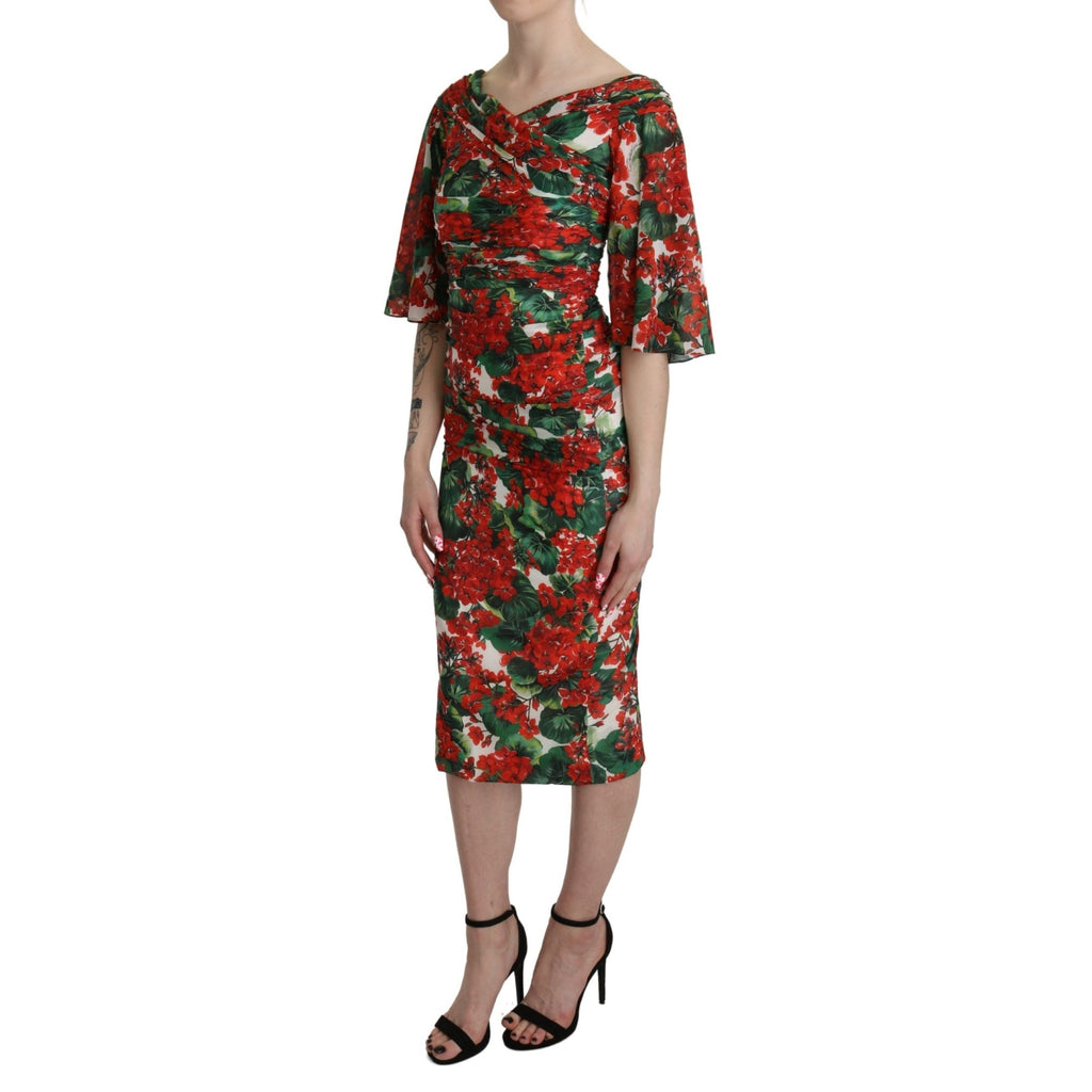 Dolce & Gabbana Red Floral Sheath Midi Silk Stretch Dress