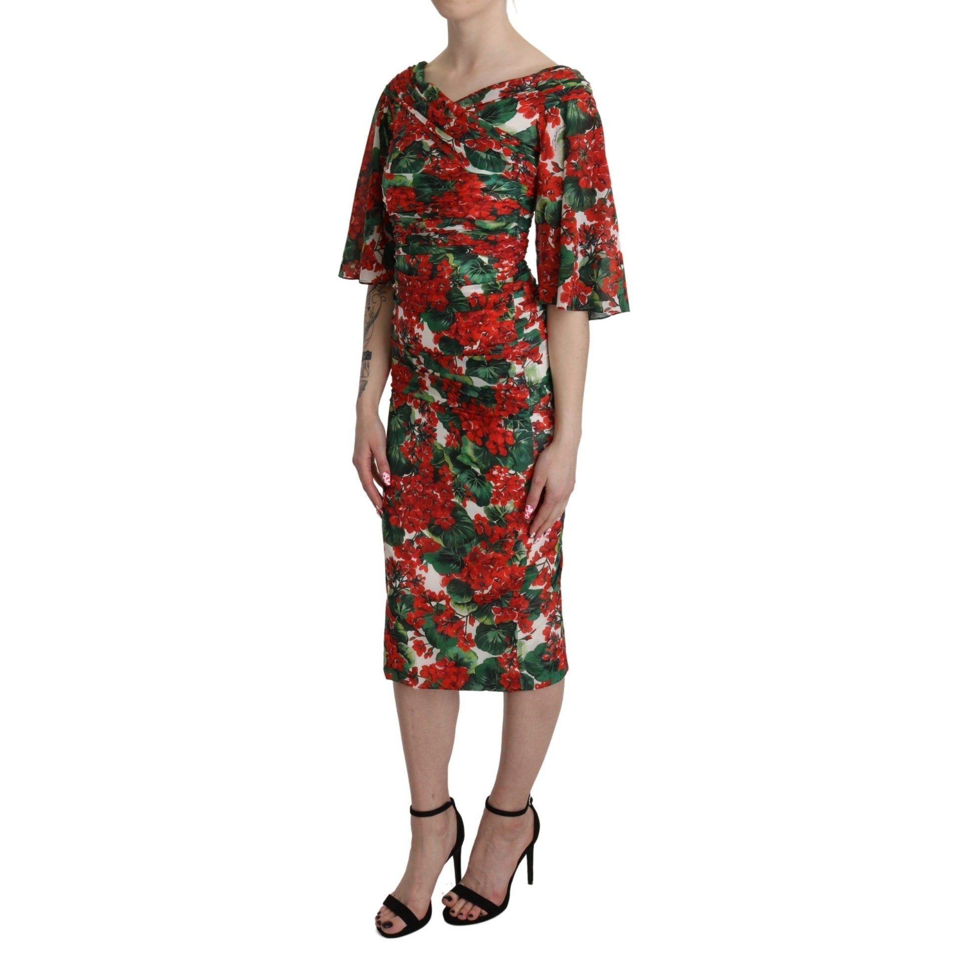 Dolce & Gabbana Red Floral Sheath Midi Silk Stretch Dress