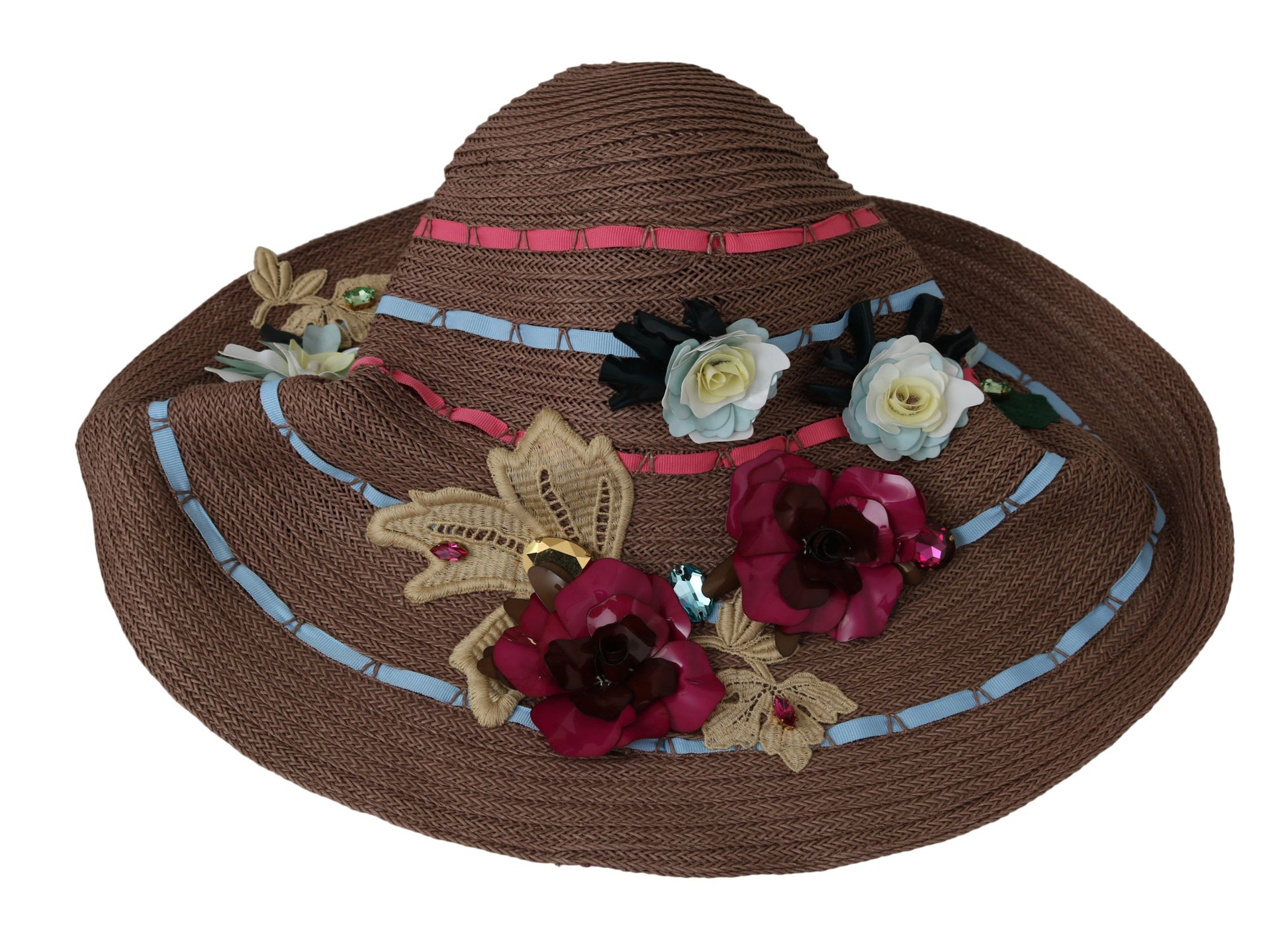 Dolce & Gabbana Brown Floral Wide Brim Straw Floppy Cap Hat Dolce & Gabbana