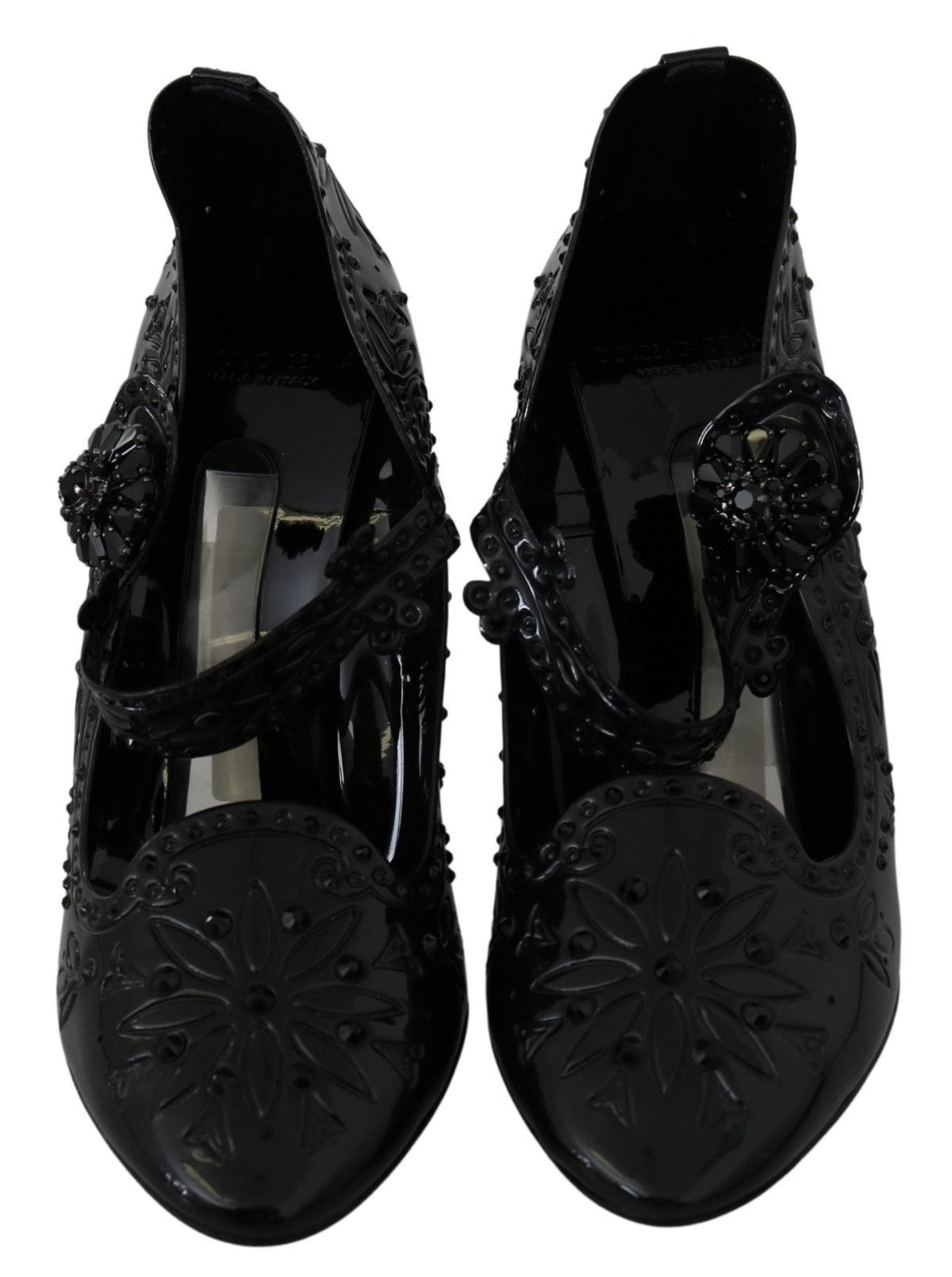 Black floral crystal Dolce & Gabbana Cinderella heels with elegant design and sparkling embellishments.