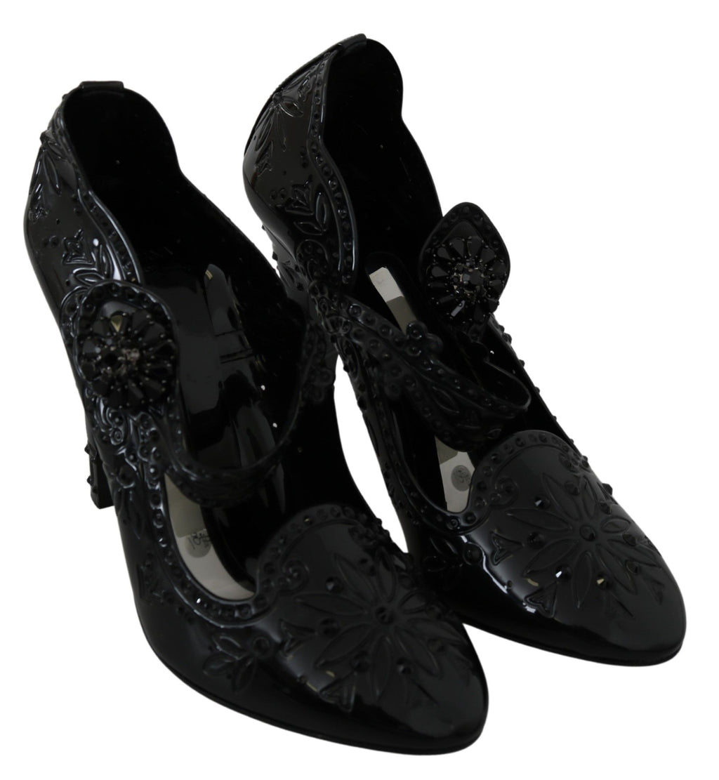 Dolce & Gabbana black floral Cinderella heels with crystal embellishments, elegant designer women's shoes.