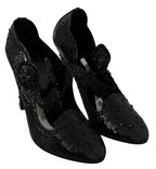 Dolce & Gabbana black floral Cinderella heels with crystal embellishments, elegant designer women's shoes.