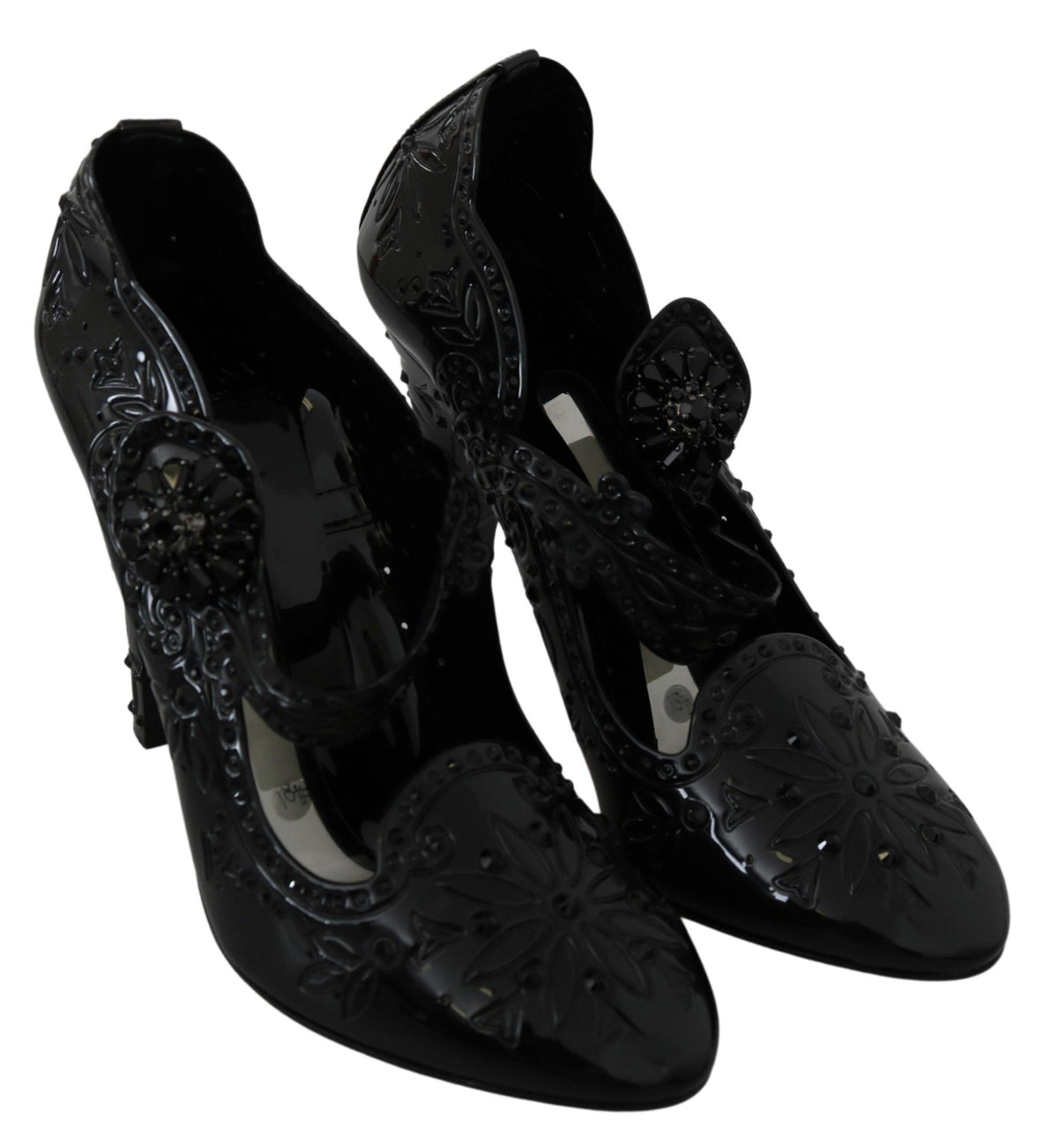 Dolce & Gabbana black floral Cinderella heels with crystal embellishments, elegant designer women's shoes.