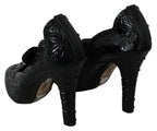 Dolce & Gabbana black floral Cinderella heels with crystal accents, elegant women's shoes with a pointed toe and stiletto heel.