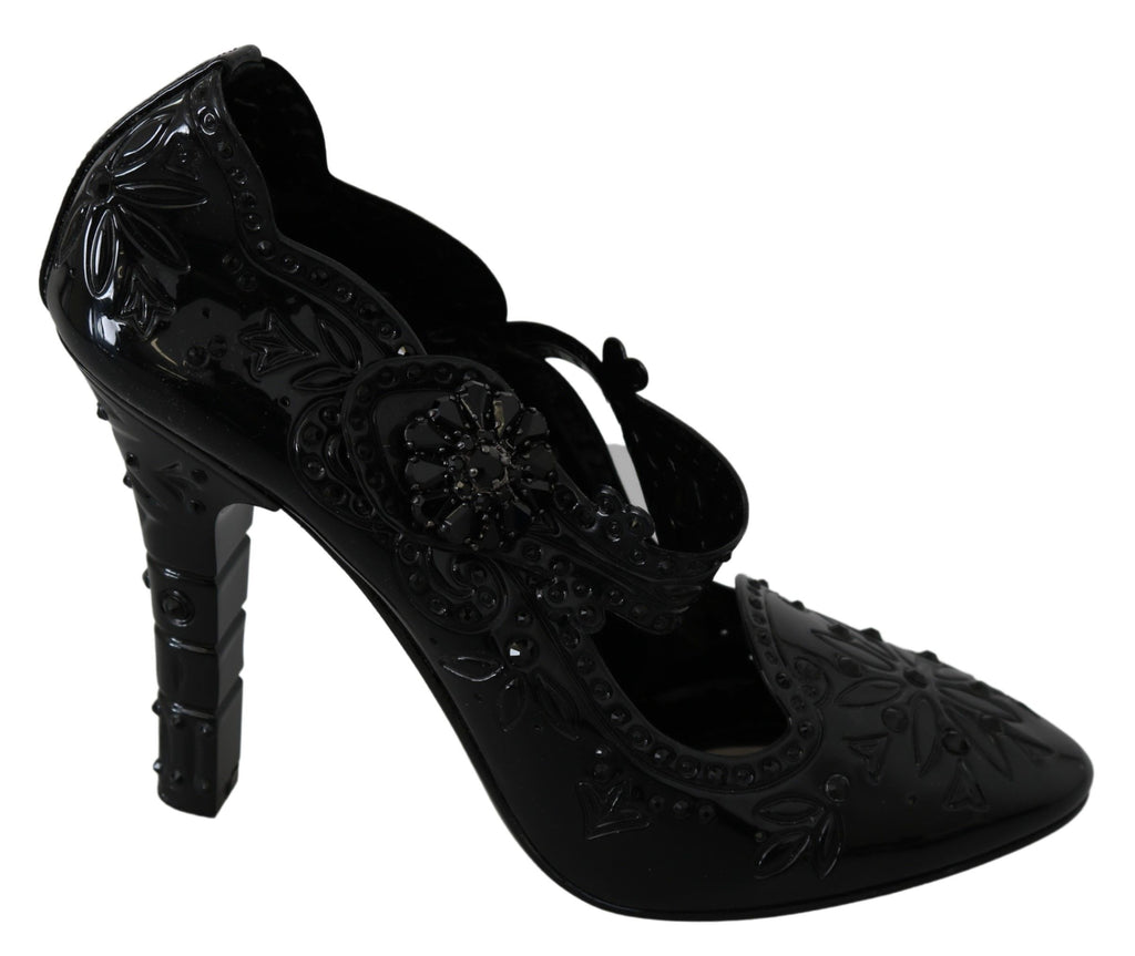 Dolce & Gabbana black floral Cinderella heels with crystal embellishments, elegant strappy shoes for formal occasions