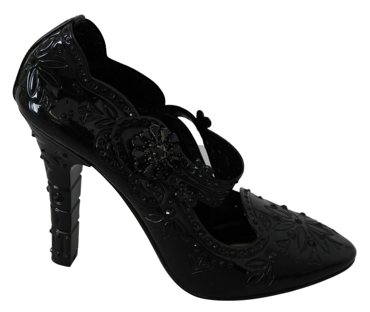 Dolce & Gabbana black floral Cinderella heels with crystal embellishments, elegant strappy shoes for formal occasions