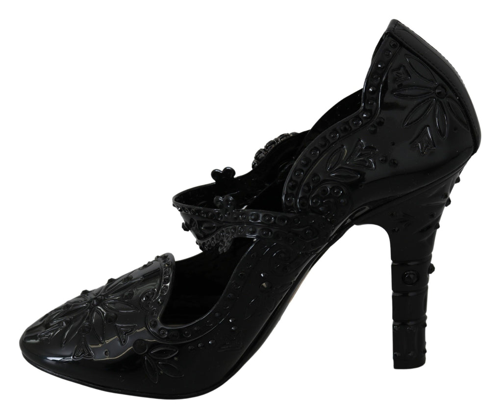 Dolce & Gabbana black floral Cinderella heels shoes with crystal embellishments and elegant design.