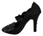 Dolce & Gabbana black floral Cinderella heels shoes with crystal embellishments and elegant design.