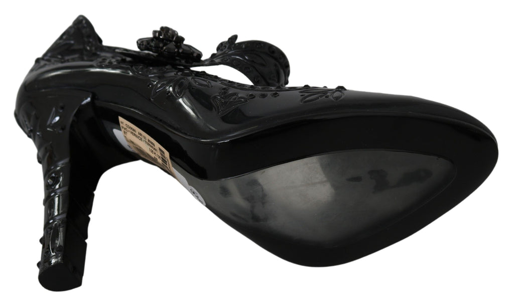 Dolce & Gabbana black floral Cinderella heels shoes with crystal embellishments and elegant design.