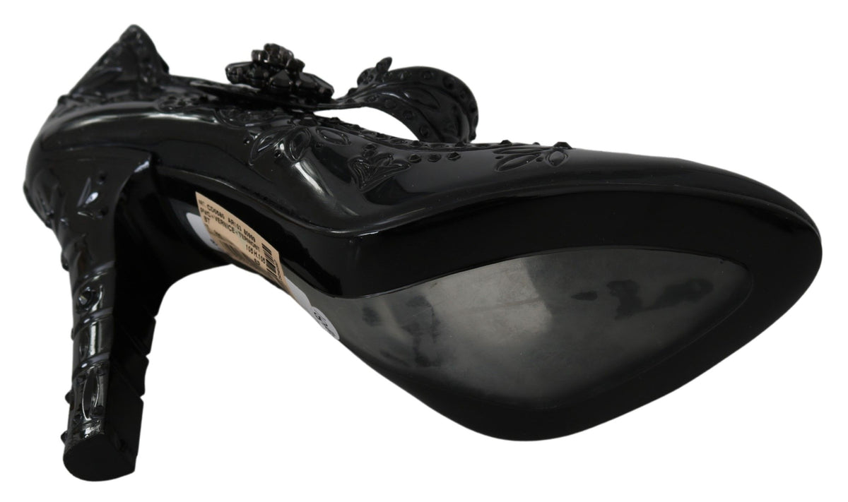 Dolce & Gabbana black floral Cinderella heels shoes with crystal embellishments and elegant design.