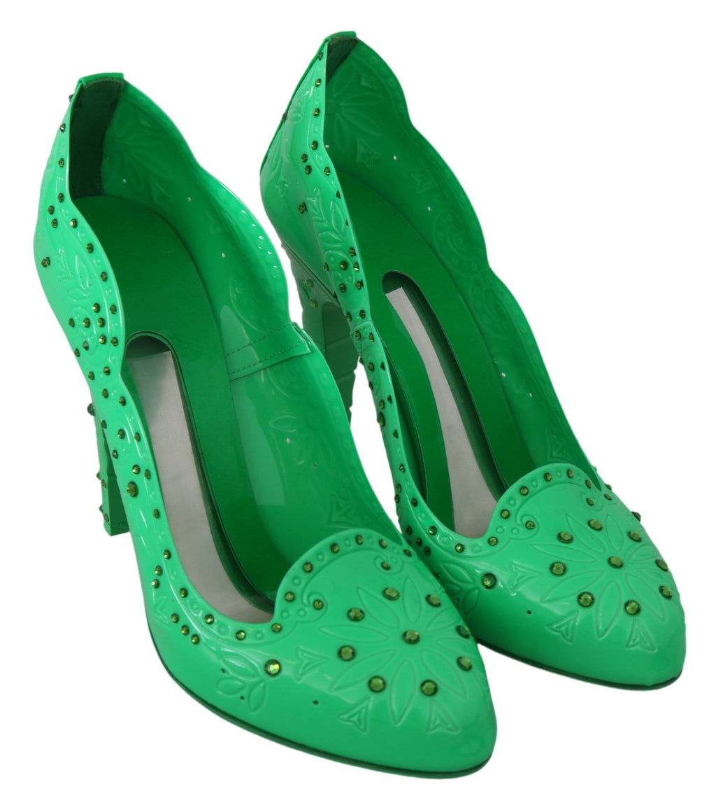 Dolce & Gabbana Green Crystal Floral CINDERELLA Heels Shoes - Eljoys Fashion 