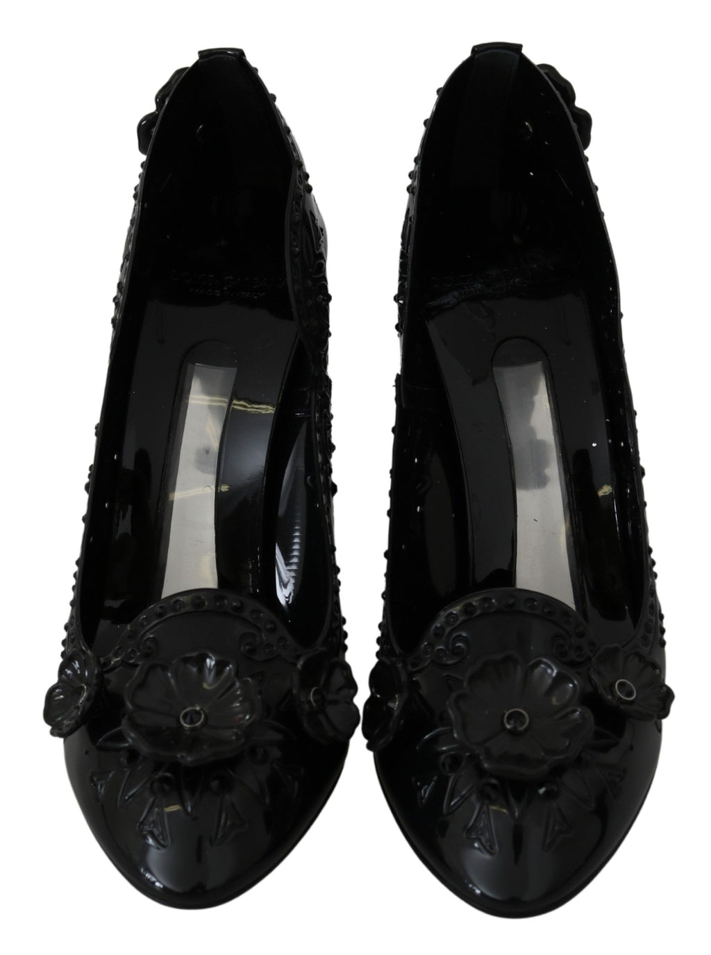Dolce & Gabbana black floral crystal Cinderella heels shoes with elegant design and intricate floral details.