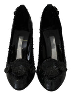Dolce & Gabbana black floral crystal Cinderella heels shoes with elegant design and intricate floral details.