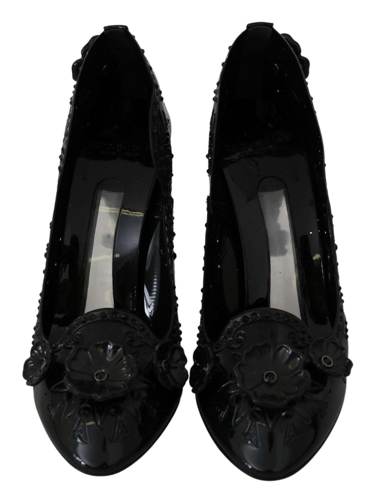 Dolce & Gabbana black floral crystal Cinderella heels shoes with elegant design and intricate floral details.
