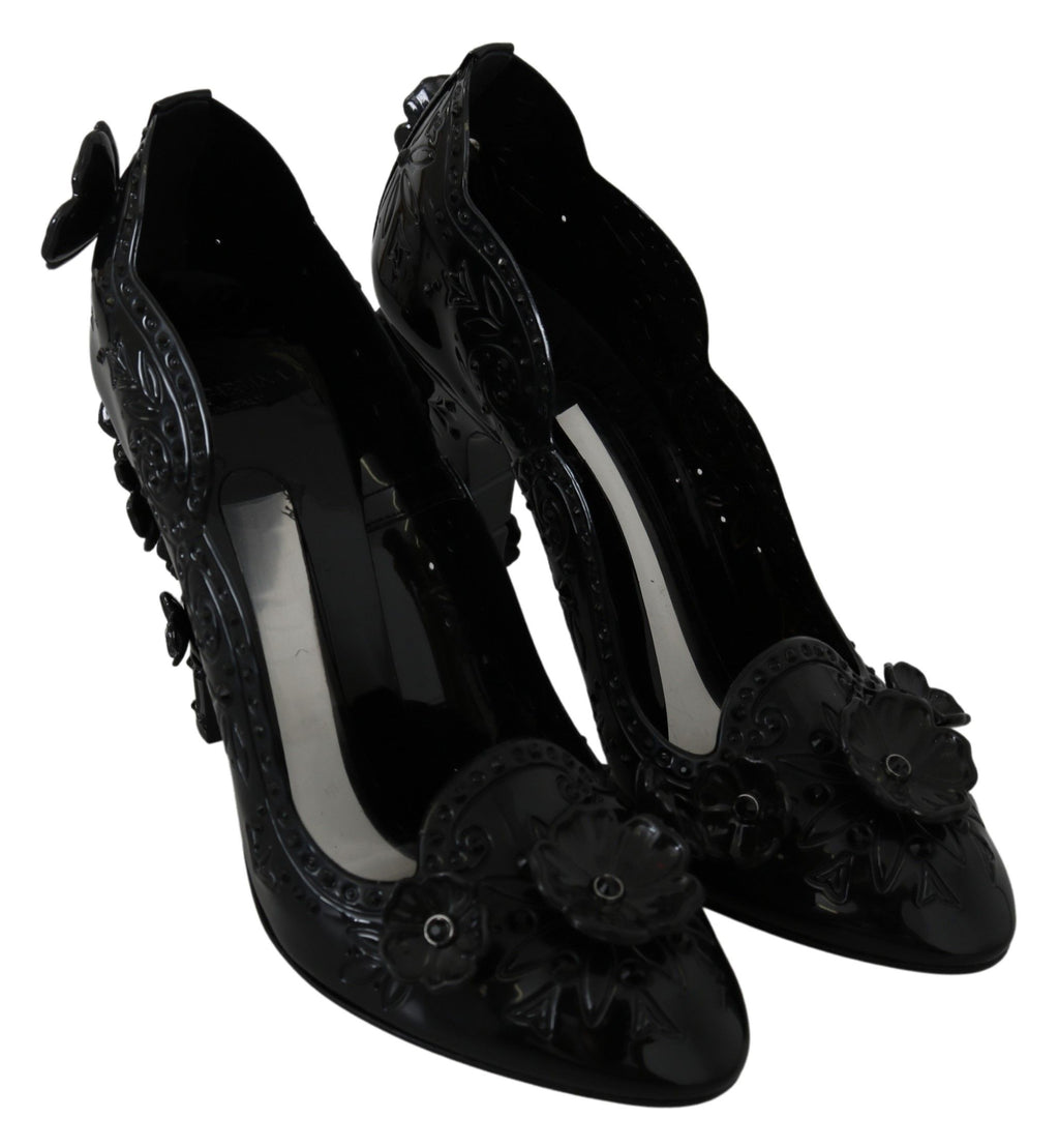 Dolce & Gabbana black floral crystal Cinderella heels shoes with elegant design and intricate detailing.