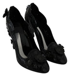 Dolce & Gabbana black floral crystal Cinderella heels shoes with elegant design and intricate detailing.