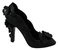 Dolce & Gabbana black floral crystal Cinderella heels shoes with elegant design and sparkling embellishments.
