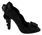 Dolce & Gabbana black floral crystal Cinderella heels shoes with elegant design and sparkling embellishments.