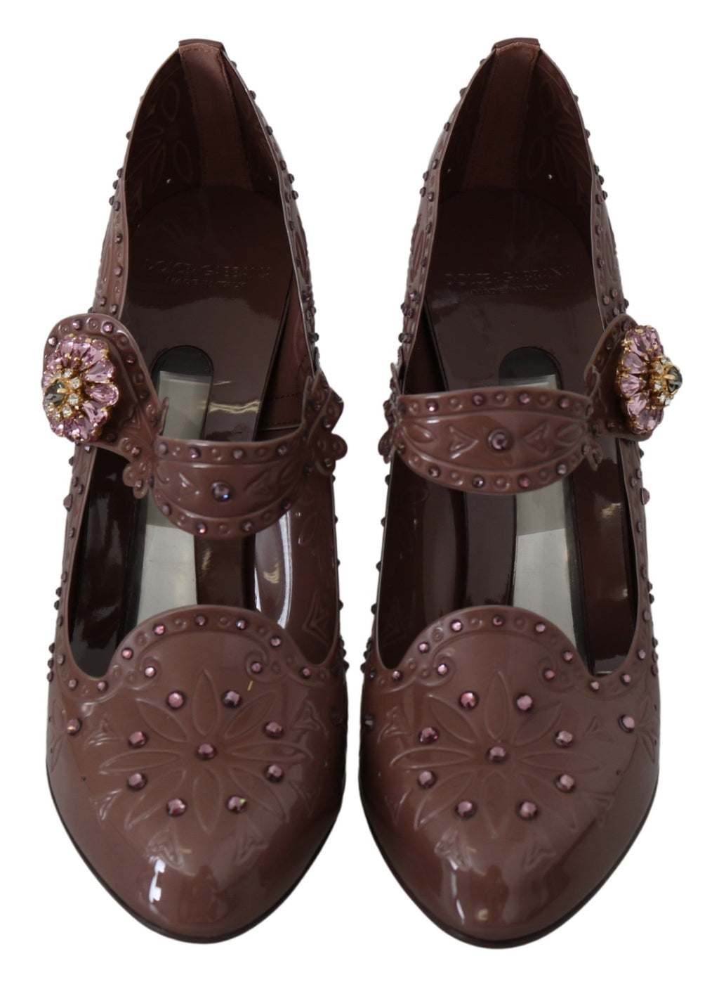 Dolce & Gabbana brown floral crystal Cinderella heels shoes with elegant floral design and sparkling embellishments.