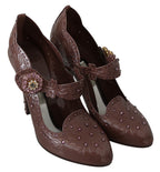 Dolce & Gabbana brown floral Cinderella heels with crystal embellishments, featuring a pointed toe and elegant design.
