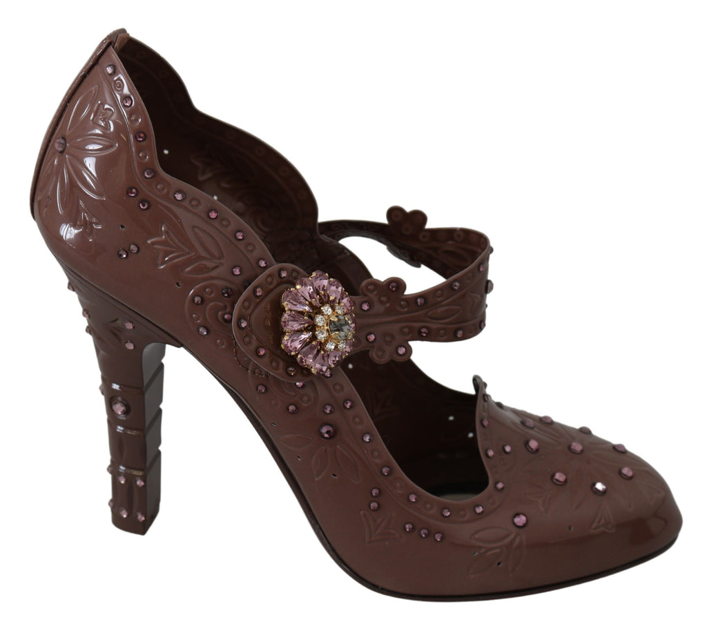 Dolce & Gabbana brown floral crystal Cinderella heels shoes with elegant floral embroidery and sparkling crystal details.