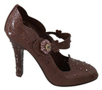 Dolce & Gabbana brown floral crystal Cinderella heels shoes with elegant floral embroidery and sparkling crystal details.