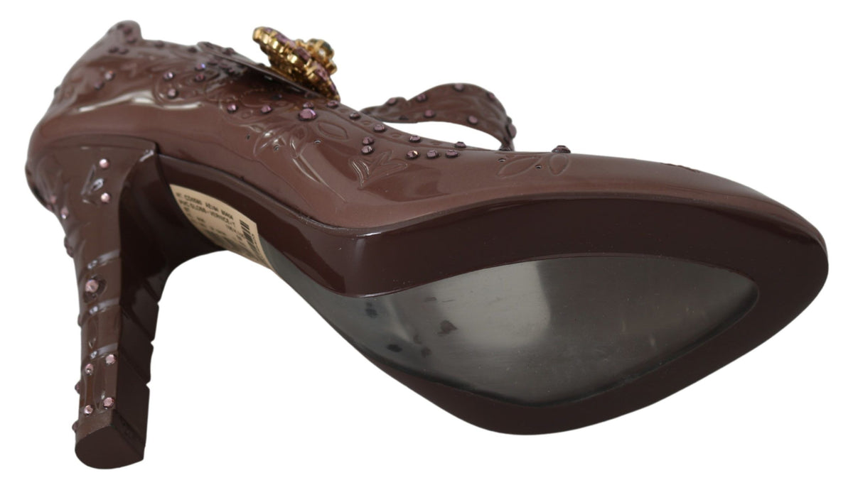 Dolce & Gabbana brown floral crystal Cinderella heels shoes with elegant flower design and sparkling embellishments.