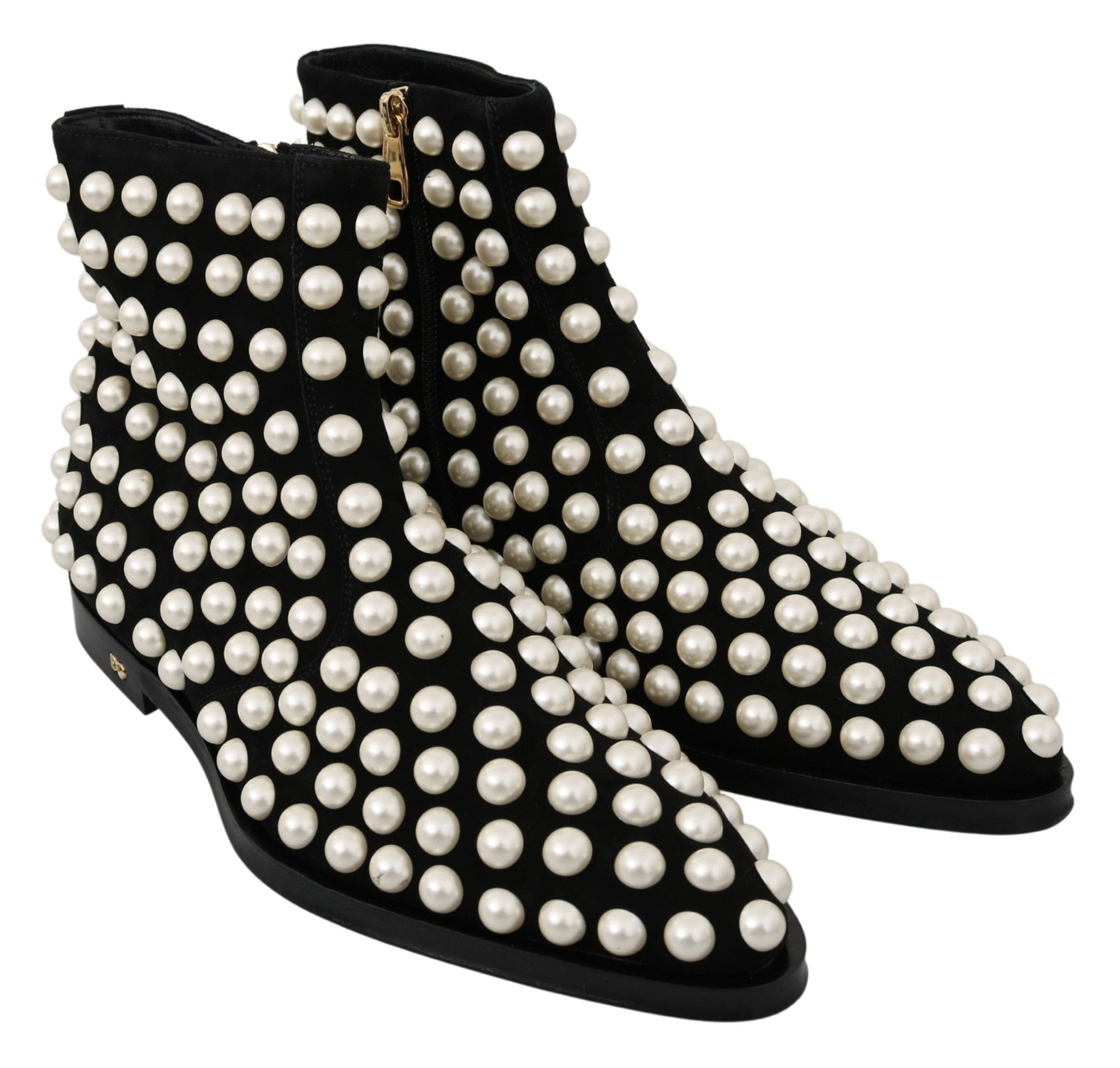 Dolce & Gabbana Black Suede Pearl Studs Boots Shoes Dolce & Gabbana